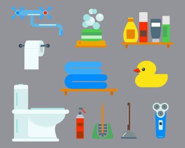 Banyo ekipmanları simgeler düz stil renkli klip sanat illüstrasyon banyo hijyen vektör tasarımı için duş.