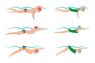 Vektör çizim tarzı düzeni farklı yüzücüler erkek ve kadın Yüzme Havuzu spor egzersiz.