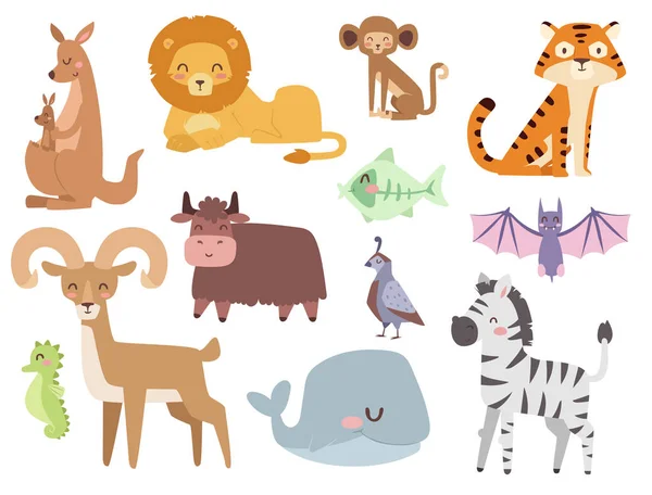 Animales de dibujos animados zoológico lindo aislado fauna divertida aprender lenguaje lindo y naturaleza tropical safari mamífero selva personajes altos vector ilustración . — Vector de stock