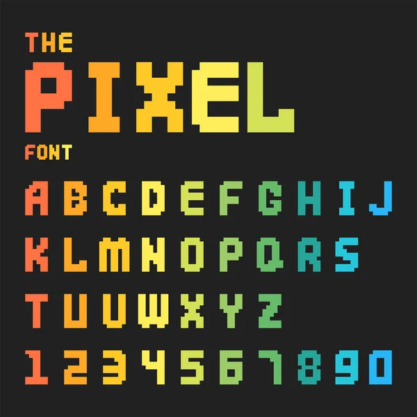 Pikseli retro czcionki wideo na komputerze projektowania gier 8 bit litery numery elektroniczny futurystyczny styl wektor abc kroju pisma cyfrowego creative alfabet na białym tle — Wektor stockowy