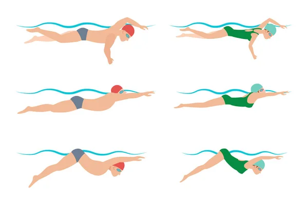 Vectorillustratie van stijl regeling verschillende zwemmers man en vrouw zwemmen in zwembad sport oefening. — Stockvector