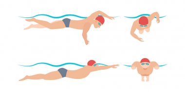 Vektör çizim tarzı düzeni farklı yüzücüler erkek ve kadın Yüzme Havuzu spor egzersiz.