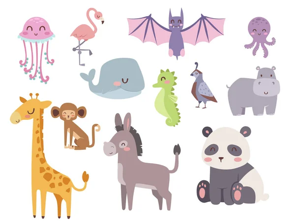 Carino zoo cartoni animati animali isolato divertente fauna imparare carino lingua e tropicale natura safari mammifero giungla alto personaggi vettore illustrazione . — Vettoriale Stock