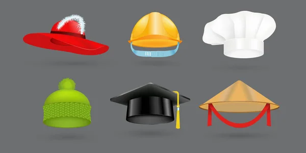 Diferente tipo de chapéu de moda moderna elegância boné e acessórios têxteis roupas vetor ilustração — Vetor de Stock