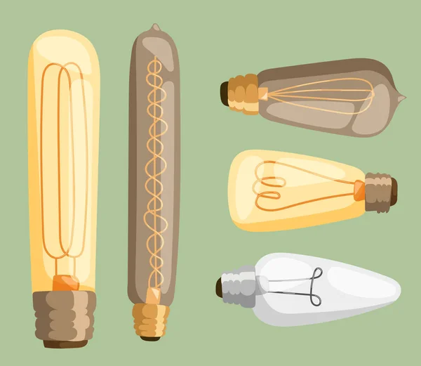 Lâmpadas dos desenhos animados lâmpada elétrica design vetor plano ilustração conjunto isolado ícone elétrico objeto brilhante símbolo gráfico sinal solução energia —  Vetores de Stock