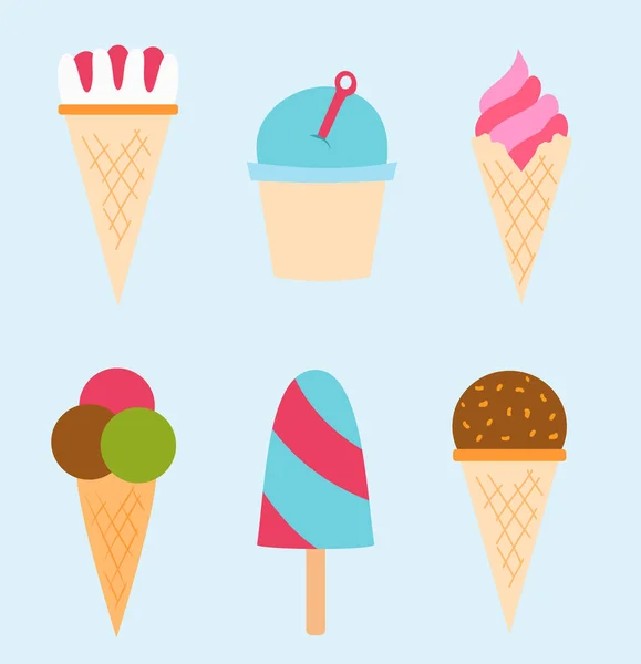Zestaw ilustracji wektorowych kolorowy deser krem kreskówka lód jedzenie czekolady słodkie zimno ikona na białym tle przekąska stożek smaczny owoc zamrożone kolekcji candy — Wektor stockowy