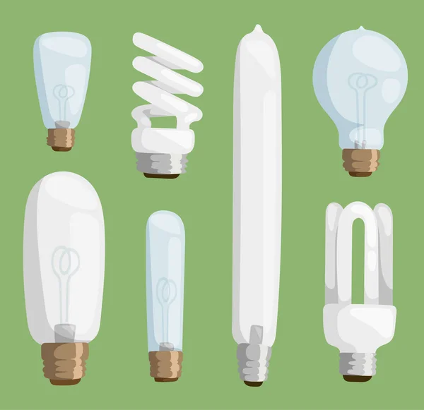 Kreslený lampy žárovka elektřiny design flat vektorové ilustrace sada izolované elektrické ikonu objektu světlé grafického symbolu znamení řešení energie — Stockový vektor