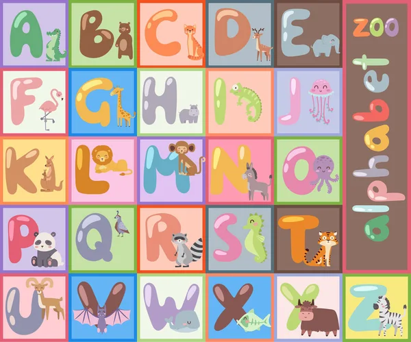 Cute zoo alphabet with cartoon animals isolated and funny letters wildlife learn typography cute language vector illustration. — Stock Vector