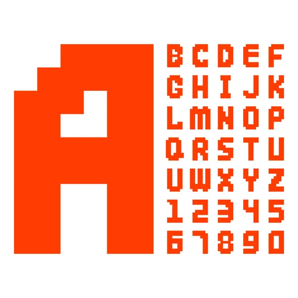 픽셀 복고풍 글꼴 빨간 컴퓨터 게임 디자인 8 비트 문자 번호 전자 미래 스타일 벡터 abc 서체 디지털 크리에이 티브 알파벳 절연 — 스톡 벡터