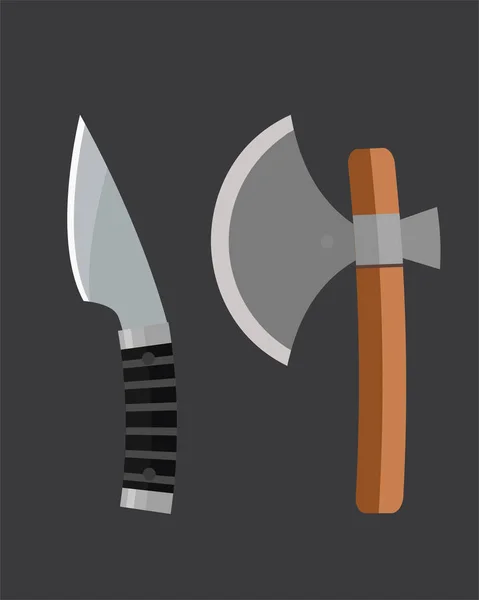 Knife weapon dangerous metallic ax vector illustration of sword spear edged set. — Stock Vector