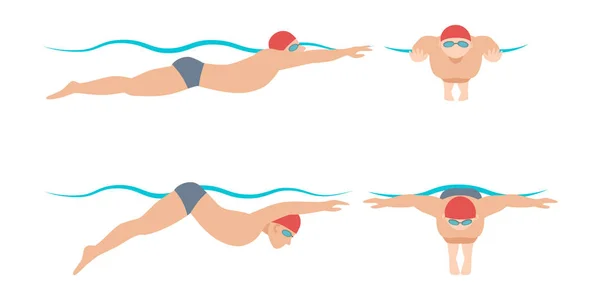 Vektor Illustration des Schwimmstils Schema verschiedene Schwimmer Mann und Frau im Pool Sport Übung. — Stockvektor