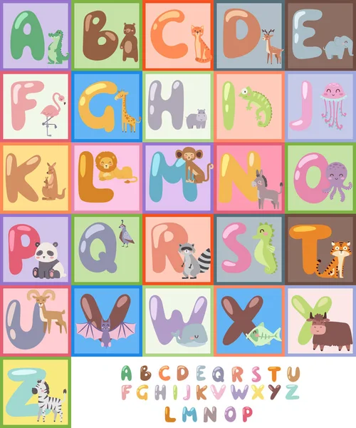 Alphabet zoo mignon avec des animaux de dessin animé lettres isolées et drôles faune apprendre la typographie illustration vectorielle langage mignon . — Image vectorielle