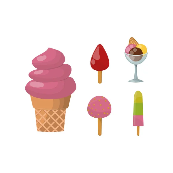 Nastavit ledu kreslený barevný smetanový dezert vektorové ilustrace čokoládové jídlo sladké studené izolované ikonu svačinu kužel chutné ovoce zmrazených bonbóny kolekce — Stockový vektor
