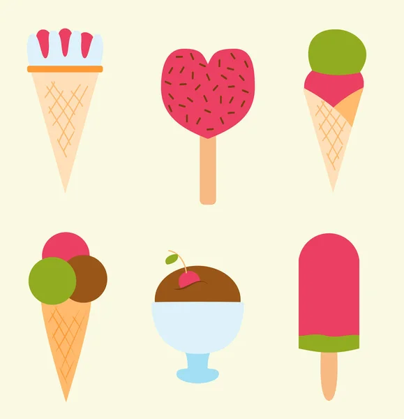 Набор льда мультфильм красочные крема десерт векторной иллюстрации шоколадные продукты сладкий холодный изолированный иконка конус вкусные фрукты замороженные конфеты коллекции — стоковый вектор