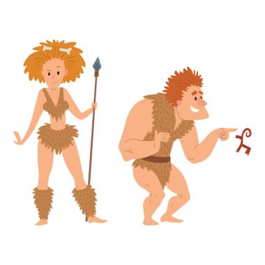 Mağara adamı ilkel Taş Devri çizgi film Neandertal insanlar evrim vektör çizim karakter.