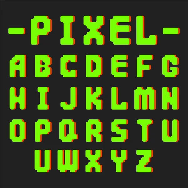 Pixel retro video computer game-design 8 bit brieven elektronische futuristische tekenstijl vector abc lettertype digitale creatieve alfabet geïsoleerd — Stockvector