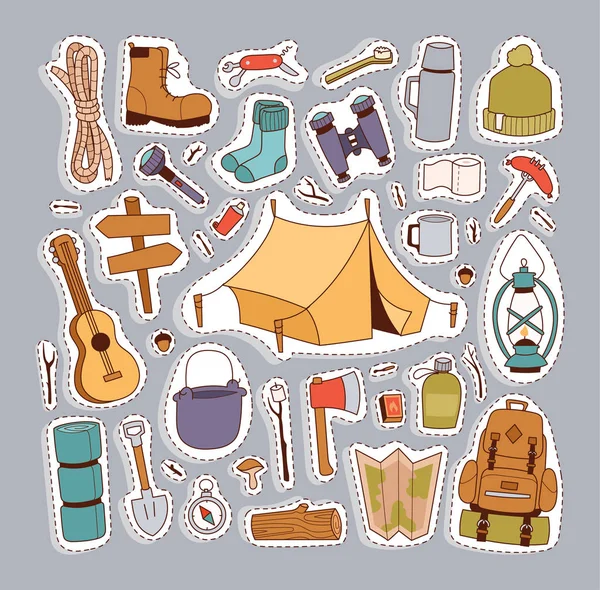 Pegatinas de camping en vector de estilo dibujado a mano . — Archivo Imágenes Vectoriales