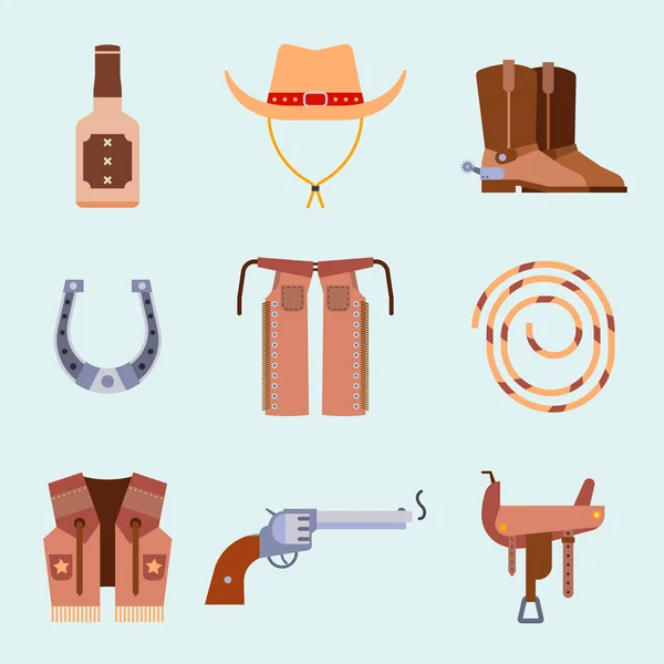 Elementos del oeste salvaje establecen iconos equipo de rodeo vaquero y diferentes accesorios vector ilustración . — Vector de stock