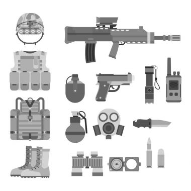 Askeri silah silah zırh Amerikan savaş mühimmat kamuflaj işareti vektör çizim zorlar.