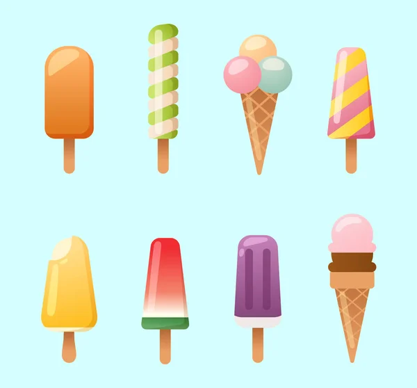 Набір льоду мультфільм барвистий вершковий десерт Векторні ілюстрації шоколадна їжа солодка холодна ізольована ікона закуска конус смачні фрукти заморожені цукерки колекція — стоковий вектор