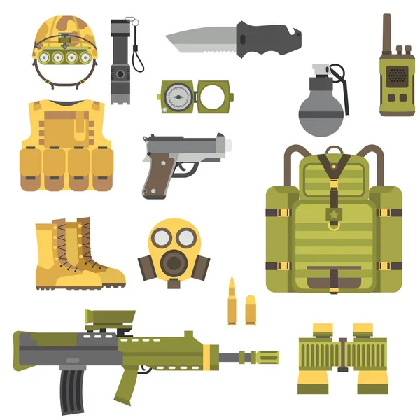 Armas militares armas de armadura fuerzas de combate americano munición camuflaje signo vector ilustración . — Vector de stock