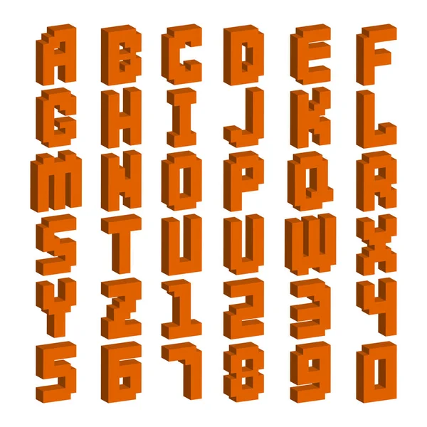 Pixel retro video computer game-design 8 bit letters nummers elektronische futuristische tekenstijl vector abc lettertype digitale creatieve alfabet geïsoleerd — Stockvector