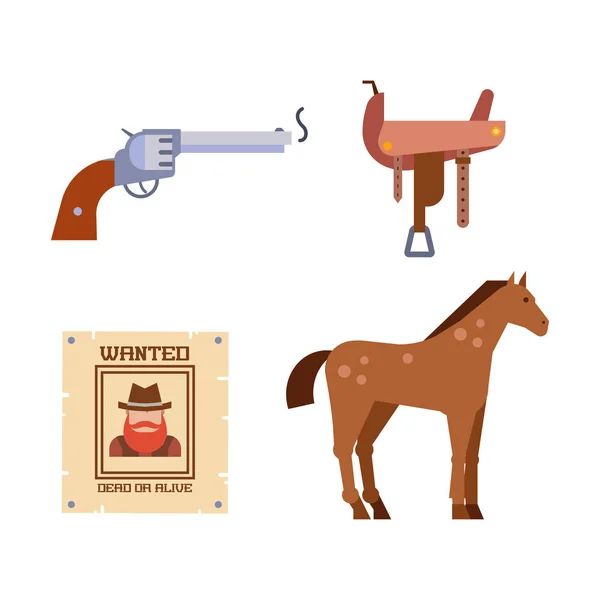 Elementos ocidentais selvagens conjunto ícones cowboy rodeo equipamentos e acessórios diferentes ilustração vetorial . — Vetor de Stock