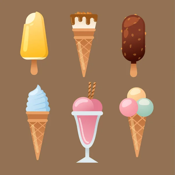 Set cartone animato gelato colorato crema dessert vettore illustrazione cioccolato cibo dolce freddo isolato icona snack cono gustosa frutta congelato caramelle collezione — Vettoriale Stock