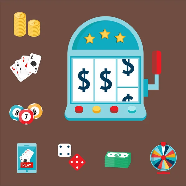 Casino Spiel Poker Spieler Symbole Blackjack Karten Geld gewinnende Roulette Joker Vektor Illustration. — Stockvektor