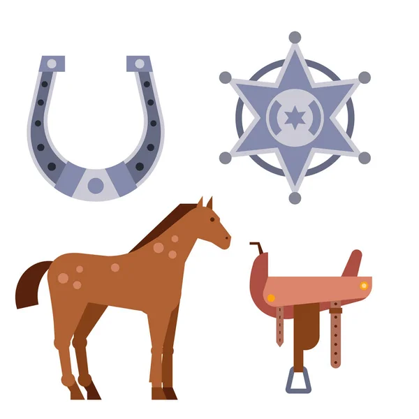 Дикі західні елементи набір іконок ковбойське родео обладнання та різні аксесуари Векторні ілюстрації . — стоковий вектор