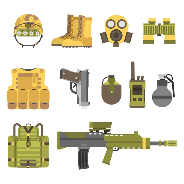 Armas militares armas de armadura fuerzas de combate americano munición camuflaje signo vector ilustración . — Vector de stock