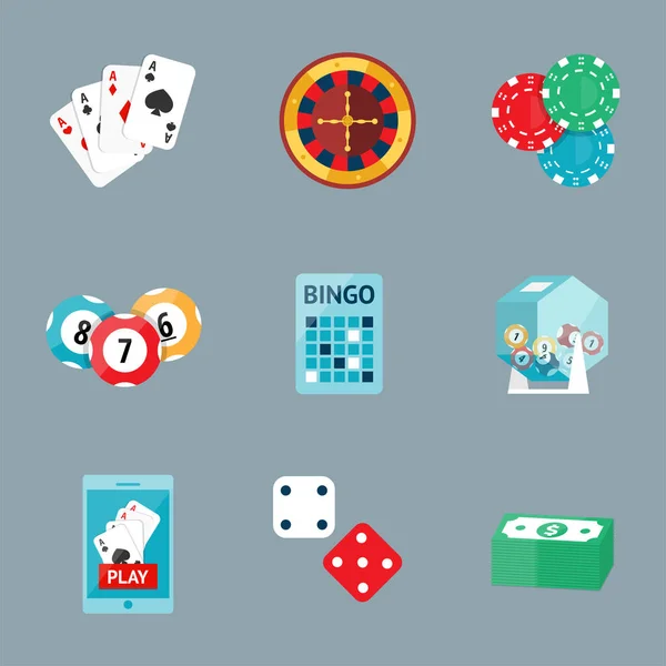 Casino spel poker gokker symbolen blackjack kaarten geld winnende roulette joker vectorillustratie. — Stockvector