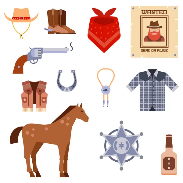 Elementos del oeste salvaje establecen iconos equipo de rodeo vaquero y diferentes accesorios vector ilustración . — Vector de stock