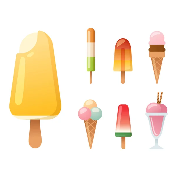 Set de dibujos animados de hielo colorido crema postre vector ilustración chocolate comida dulce frío aislado icono bocadillo cono sabrosa fruta congelado caramelo colección — Archivo Imágenes Vectoriales