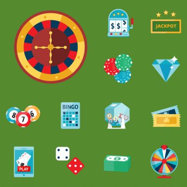 Blackjack casino oyun poker kumarbaz sembolleri kartları para kazanan rulet joker vektör çizim.