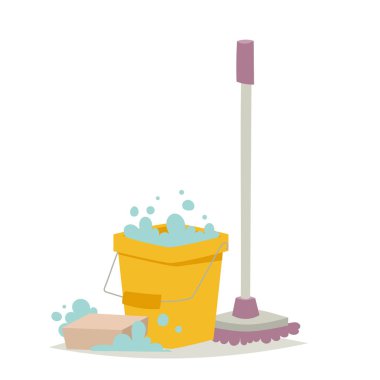 Temizleyici fırça kimyasal ev ürün bakım yıkama ekipmanları temizlik sıvı düz vektör çizim.