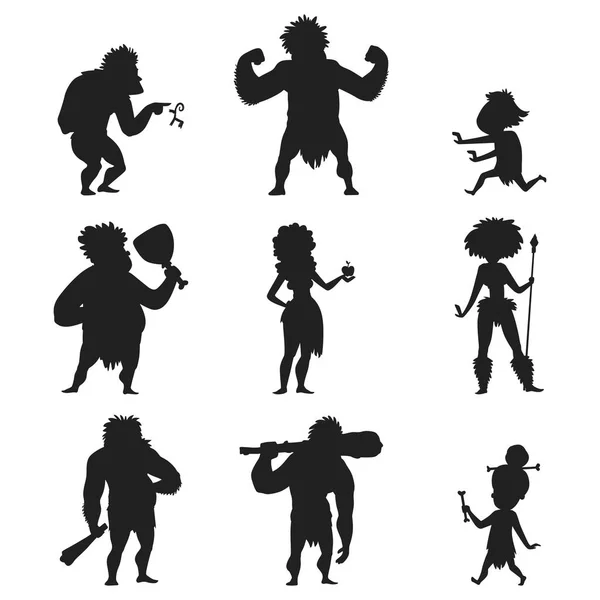 Höhlenmensch primitive Steinzeit schwarze Silhouette Menschen Charakter Evolution Vektor Illustration. — Stockvektor