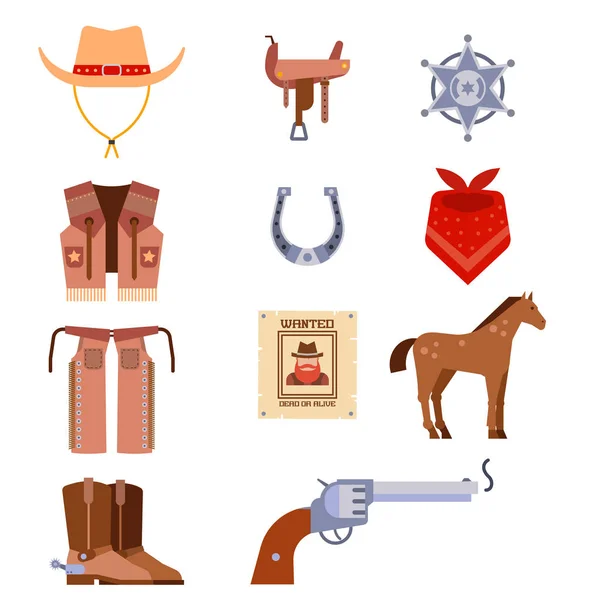 Wilde westen elementen instellen pictogrammen cowboy rodeo apparatuur en verschillende accessoires vector illustratie. — Stockvector