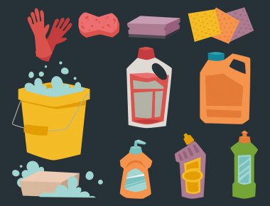 Temizleyici şişe kimyasal ev ürün bakım yıkama ekipmanları temizlik sıvı düz vektör çizim.