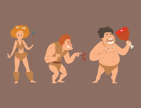 Barlanglakó ősember primitív kőkorszaki rajzfilm neandervölgyi emberek karakter fejlődése vektoros illusztráció. — Stock Vector