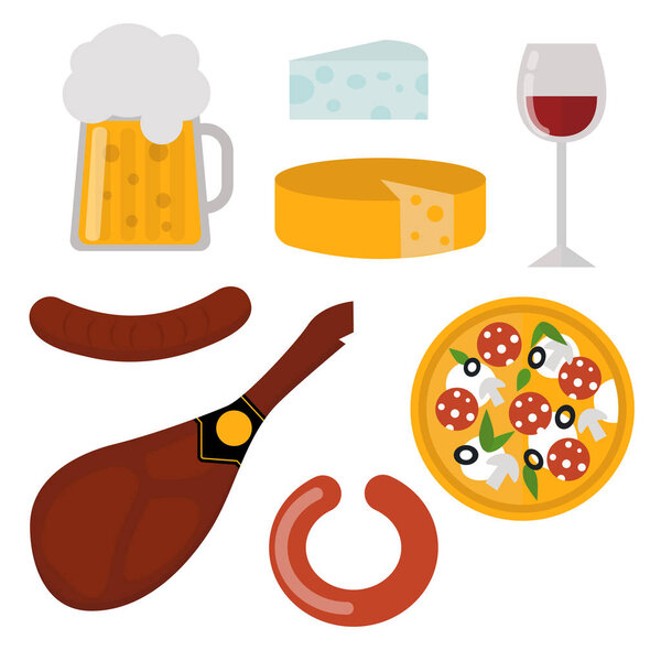 European tasty food cuisine dinner food showing delicious elements flat vector illustration.