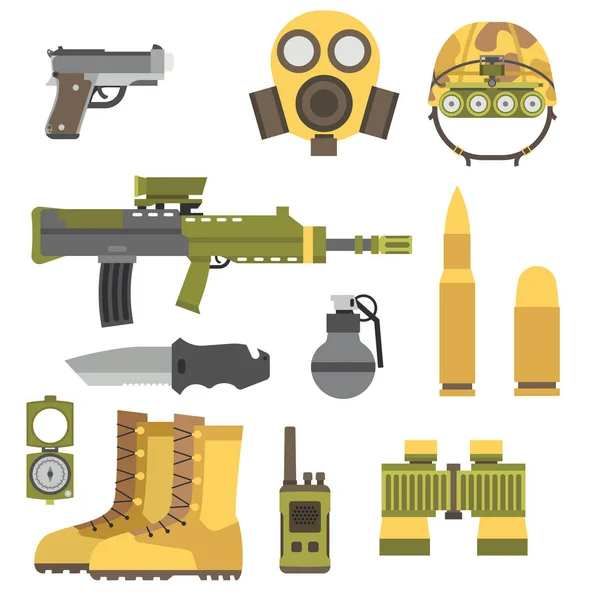 Militära vapen vapen rustningar tvingar amerikanska fighter ammunition kamouflage tecken vektorillustration. — Stock vektor