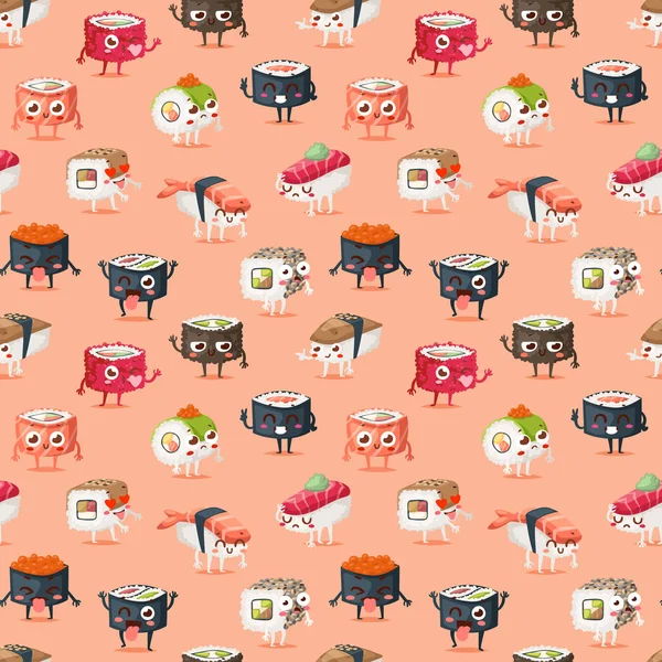 Sushi carácter vector alimento patrón sin costura — Vector de stock