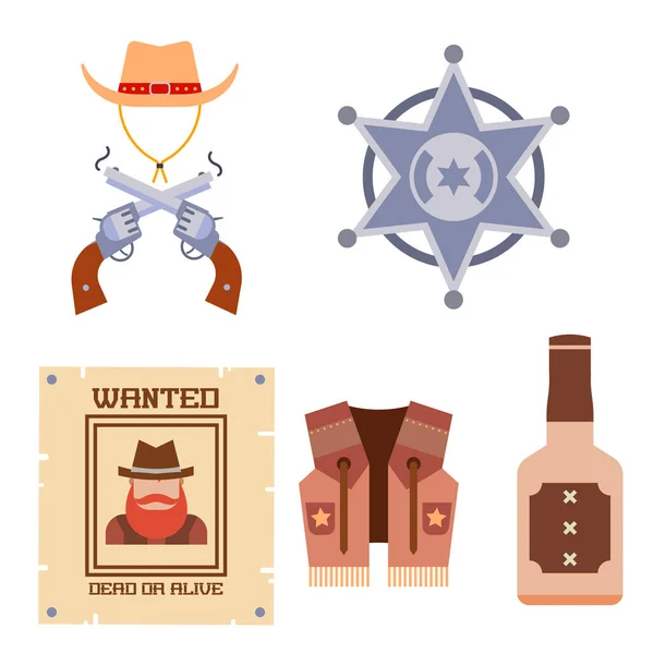 Dziki zachód elementów zestaw ikon cowboy rodeo sprzęt i różne akcesoria ilustracja wektorowa. — Wektor stockowy
