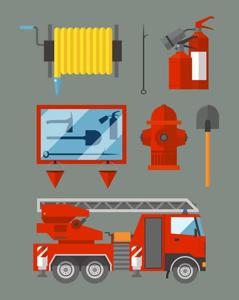 Φωτιά ασφάλεια εξοπλισμού έκτακτης ανάγκης εργαλεία πυροσβέστης ασφαλές κίνδυνος ατυχήματος φλόγα προστασία εικονογράφηση φορέα. — Διανυσματικό Αρχείο