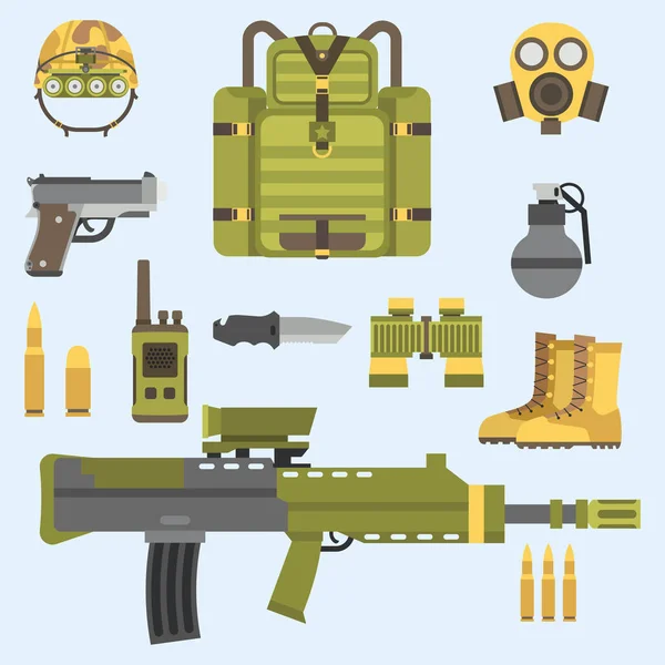 Armas militares armas de armadura fuerzas de combate americano munición camuflaje signo vector ilustración . — Vector de stock