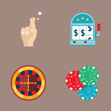 Blackjack casino oyun poker kumarbaz sembolleri kartları para kazanan rulet joker vektör çizim.