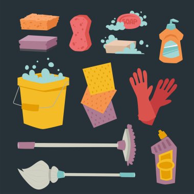 Temizleyici şişe kimyasal ev ürün bakım yıkama ekipmanları temizlik sıvı düz vektör çizim.