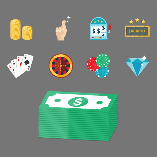 Blackjack kasyno gry poker gry hazardowe symbole kart pieniędzy zwycięskiej ruletka joker ilustracji wektorowych. — Wektor stockowy
