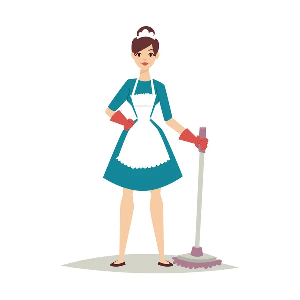 Háziasszony lány háztartásbeli csinos lány mosás tisztító vegyi házimunka termék berendezések vektor tisztítás. — Stock Vector